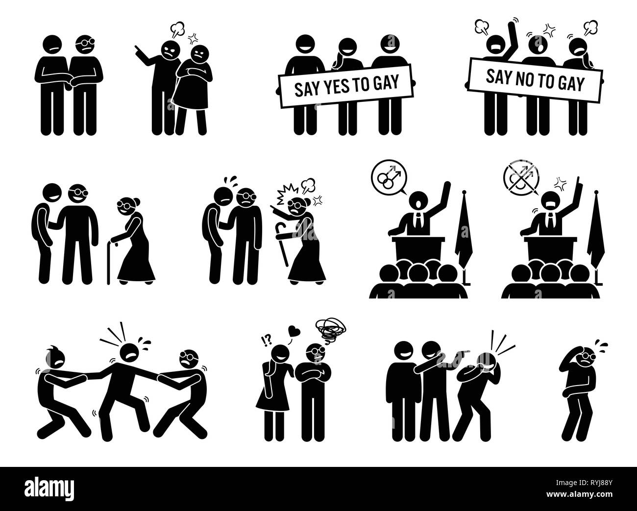 Homme Gay les problèmes sociaux et les obstacles de la vie. Les illustrations montrent les hommes homosexuels confrontés à des difficultés sociales, d'acceptation, refus, et l'intimidation. Illustration de Vecteur