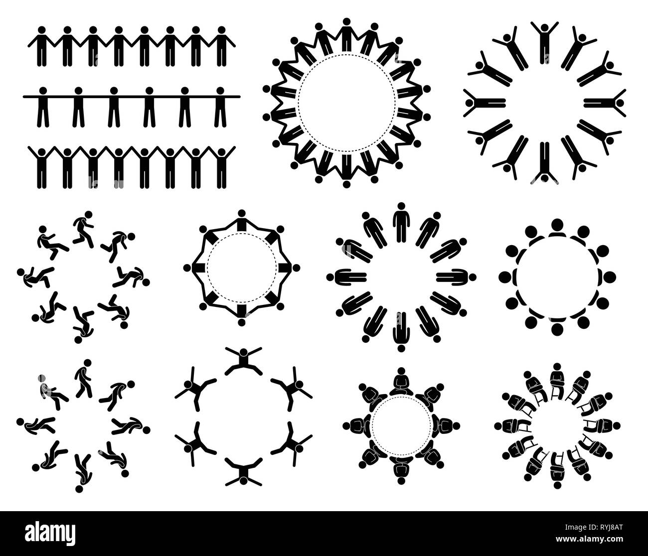 Groupe de personnes en cercle. Illustrations montre beaucoup de gens tenant les mains, courir, sauter, s'asseoir, et de célébrer ensemble dans une ronde circ Illustration de Vecteur