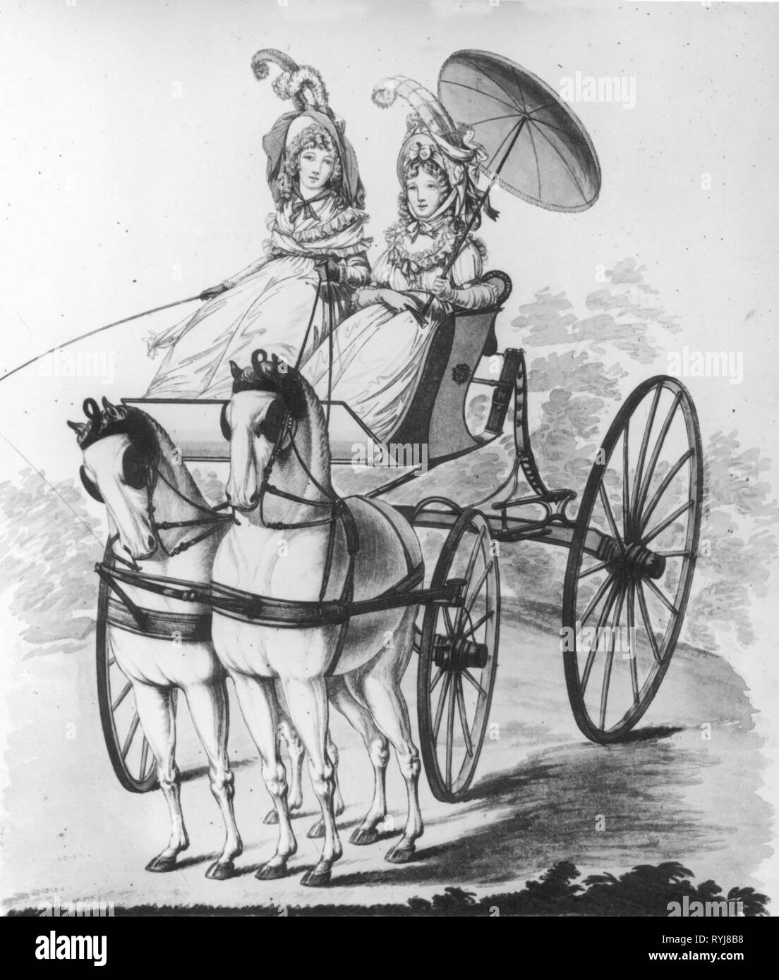 Transport / Transport, autocar, deux dames dans un buggy, 'Gallery de la mode, le mois de septembre 1794', imprimé par N. Heideloff, Londres, 1794, Additional-Rights Clearance-Info-Not-Available- Banque D'Images