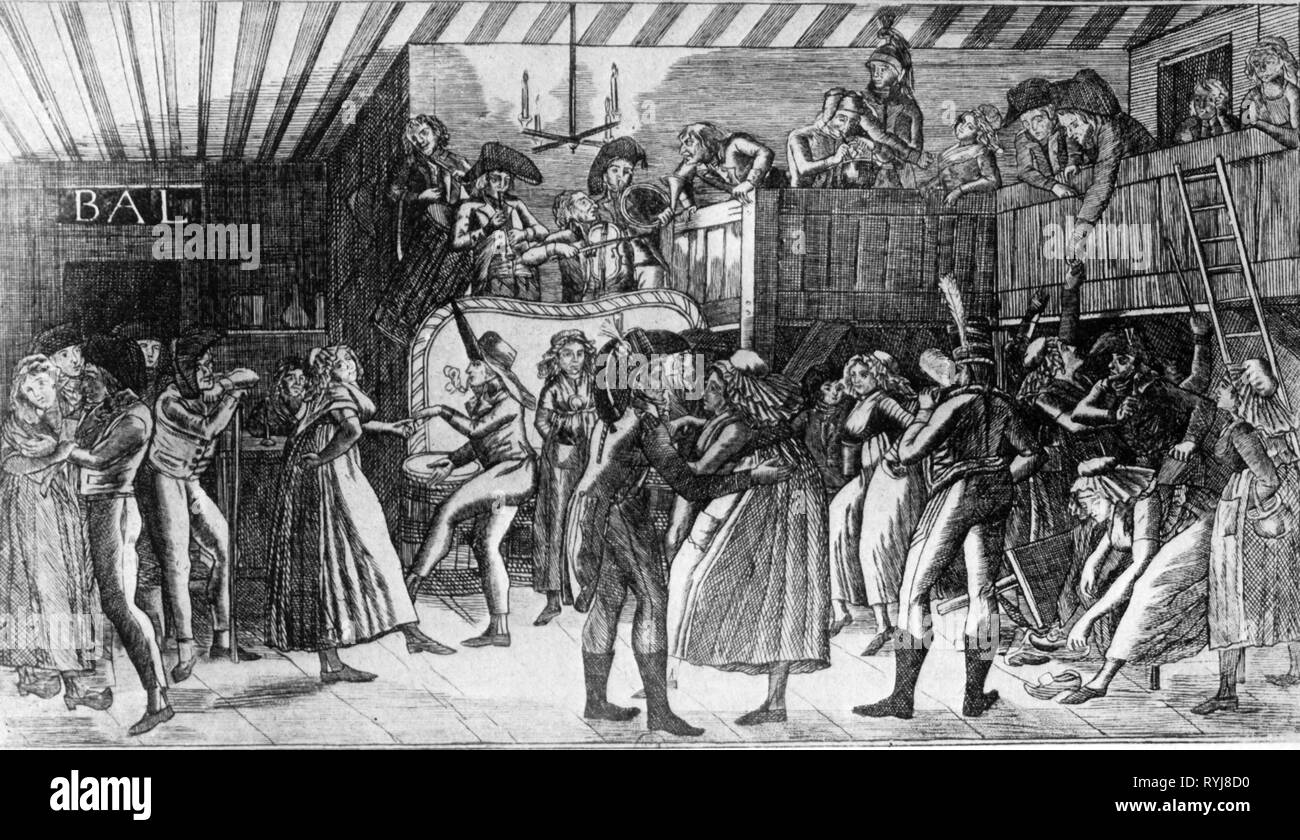 La danse, la danse dans une taverne sous-sol à Paris à l'époque du Directoire, gravure sur cuivre, vers 1797, l'artiste n'a pas d'auteur pour être effacé Banque D'Images
