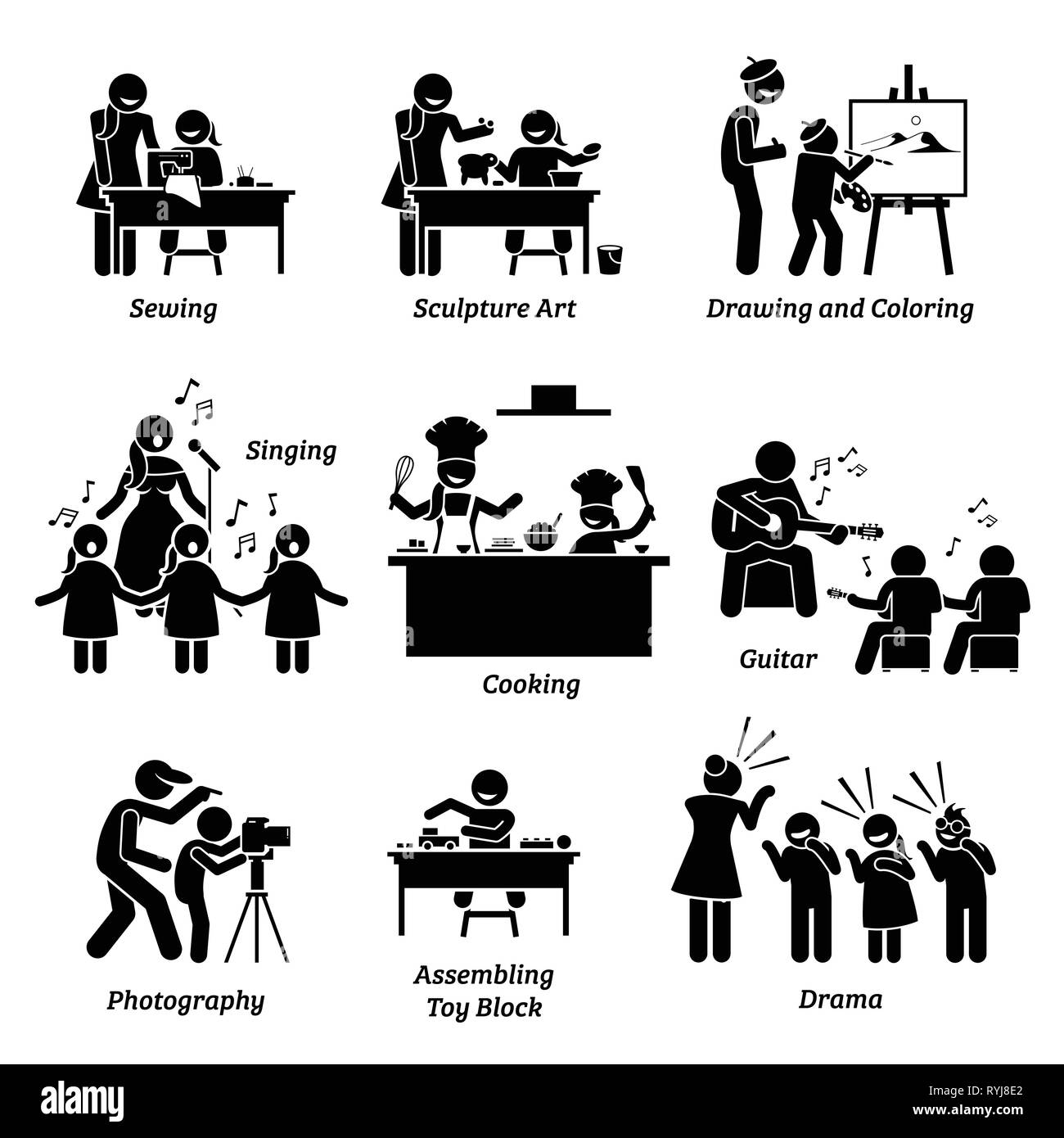 Programmes d'enrichissement d'art et d'artisanat pour les enfants. Les illustrations montrent les activités de couture, l'art de la sculpture, dessin, couleur, chant, cuisine, p Illustration de Vecteur