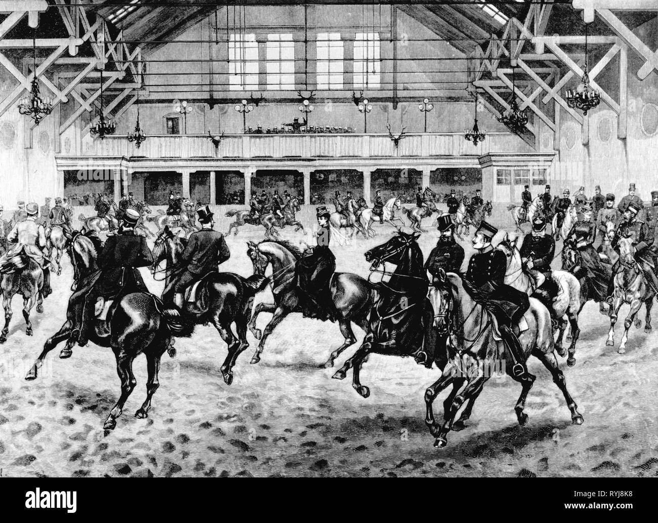Sports nautiques, équitation, manège dans le Tattersall, Berlin, gravure sur bois d'après dessin de Richard Knoetel, 1885, Additional-Rights Clearance-Info-Not-Available- Banque D'Images