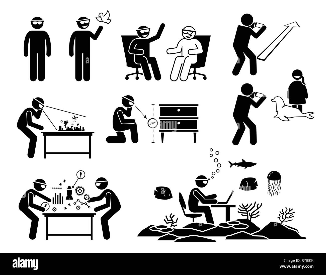 Les gens en utilisant et en portant un casque de réalité augmentée l'avenir, des verres et des lunettes. Stick figure les pictogrammes représente les icônes des périphériques AR et l'applic Illustration de Vecteur