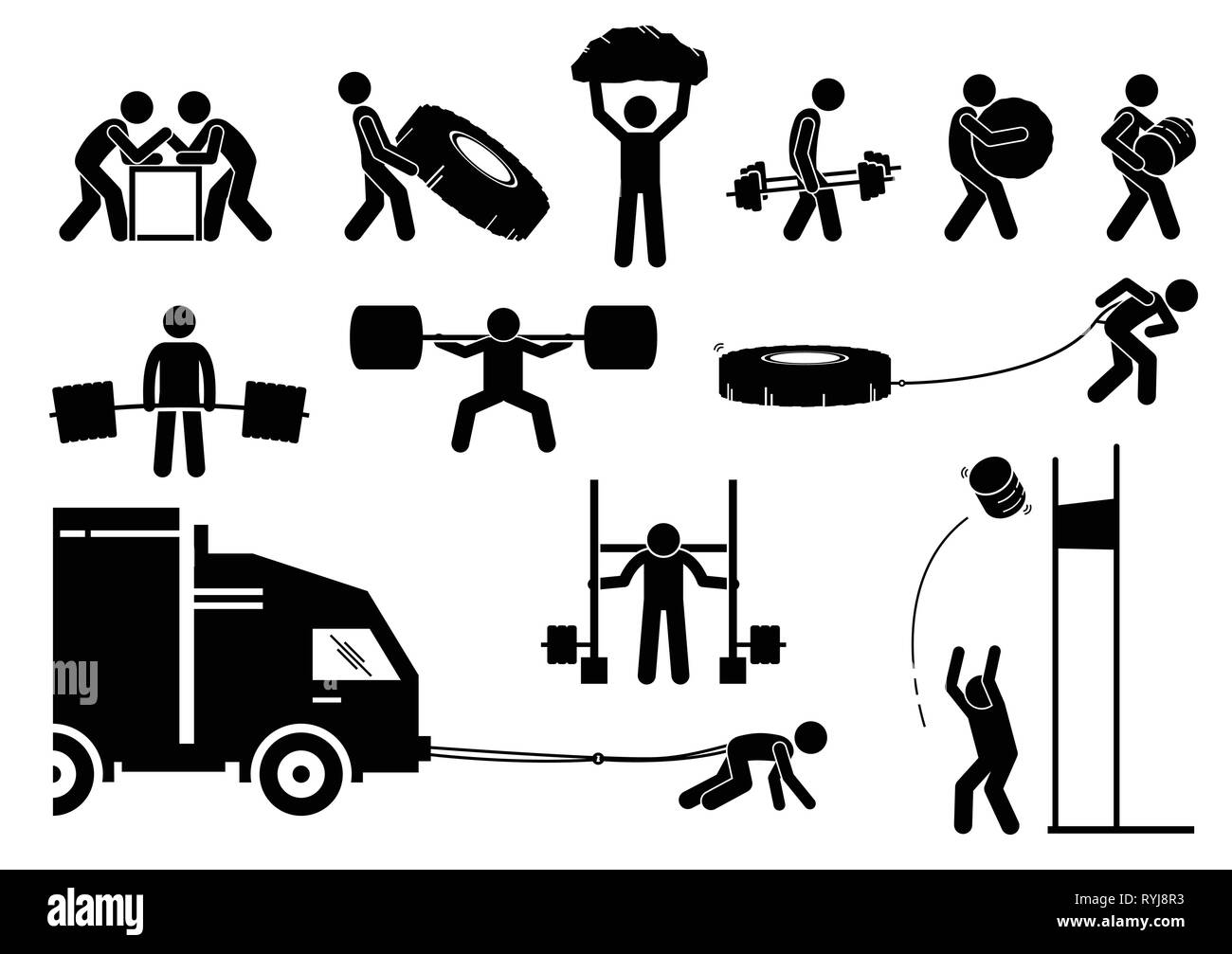 Strength Athletics strongman icônes de la concurrence. Stick figure illustre participant de l'événement l'homme fort de leur pouvoir concurrencer la force, l'énergie, et endura Illustration de Vecteur