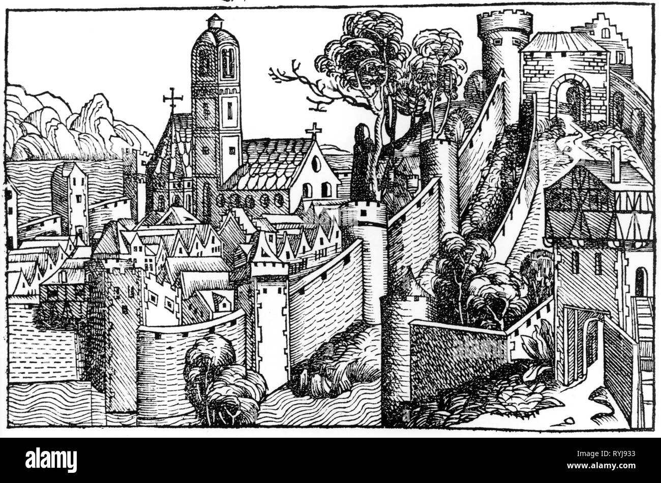 Géographie / historique de voyage, l'Egypte, les villes et les collectivités, Alexandrie, vue, gravure sur bois par Michael Wolgemut ou Wilhelm Pleydenwurff à la chronique de Hartmann Schedel, Nuremberg, 1493, copyright de l'artiste n'a pas à être effacée Banque D'Images