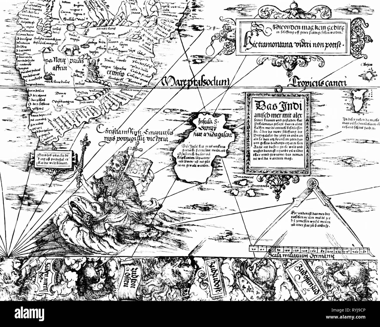 La cartographie, cartes, Afrique du Sud et Madagascar, Carta Marina Navigatoria Portugallensis', détail, woodcut, Allemagne, 1525, Additional-Rights Clearance-Info-Not-Available- Banque D'Images