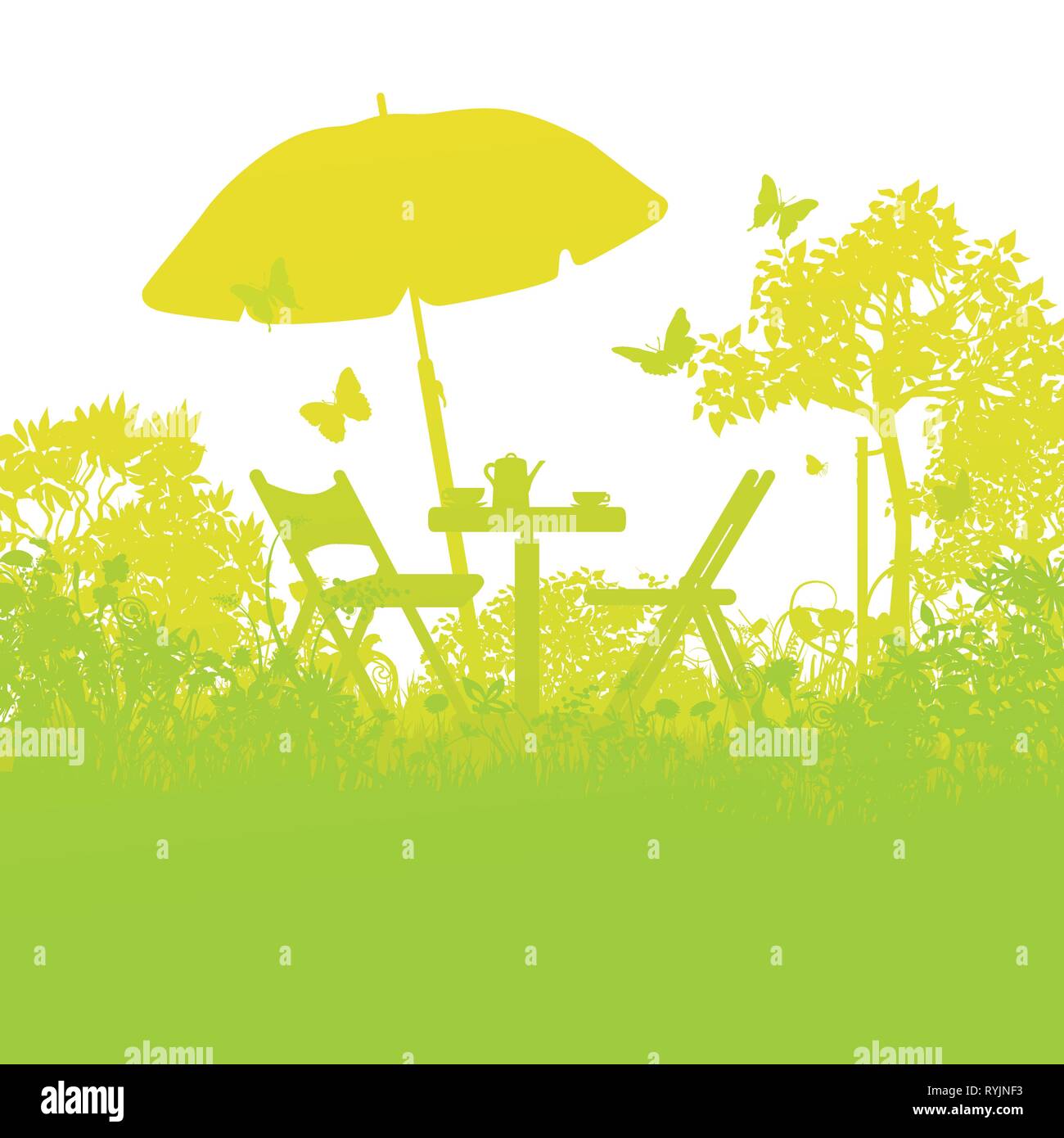 Deux chaises de jardin avec parasol dans le verger Illustration de Vecteur