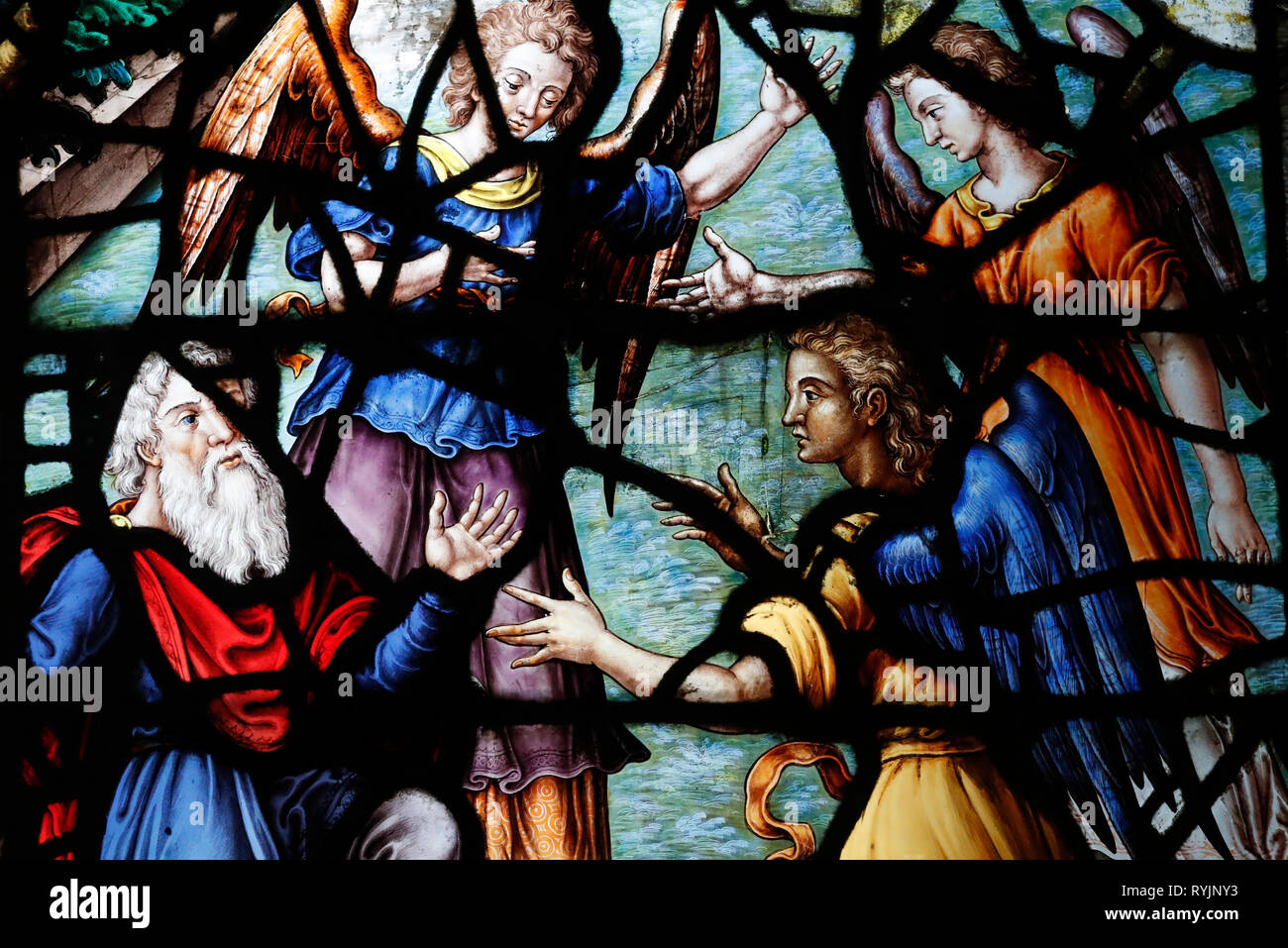 Saint Etienne du Mont church. Vitrail. Les chênes de Moré. Abraham recevant les trois anges mystérieux symbolisant la Sainte Trinité. P Banque D'Images