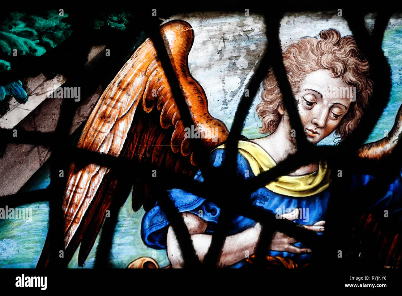 Saint Etienne du Mont church. Vitrail. Les chênes de Moré. Abraham recevant les trois anges mystérieux symbolisant la Sainte Trinité. P Banque D'Images