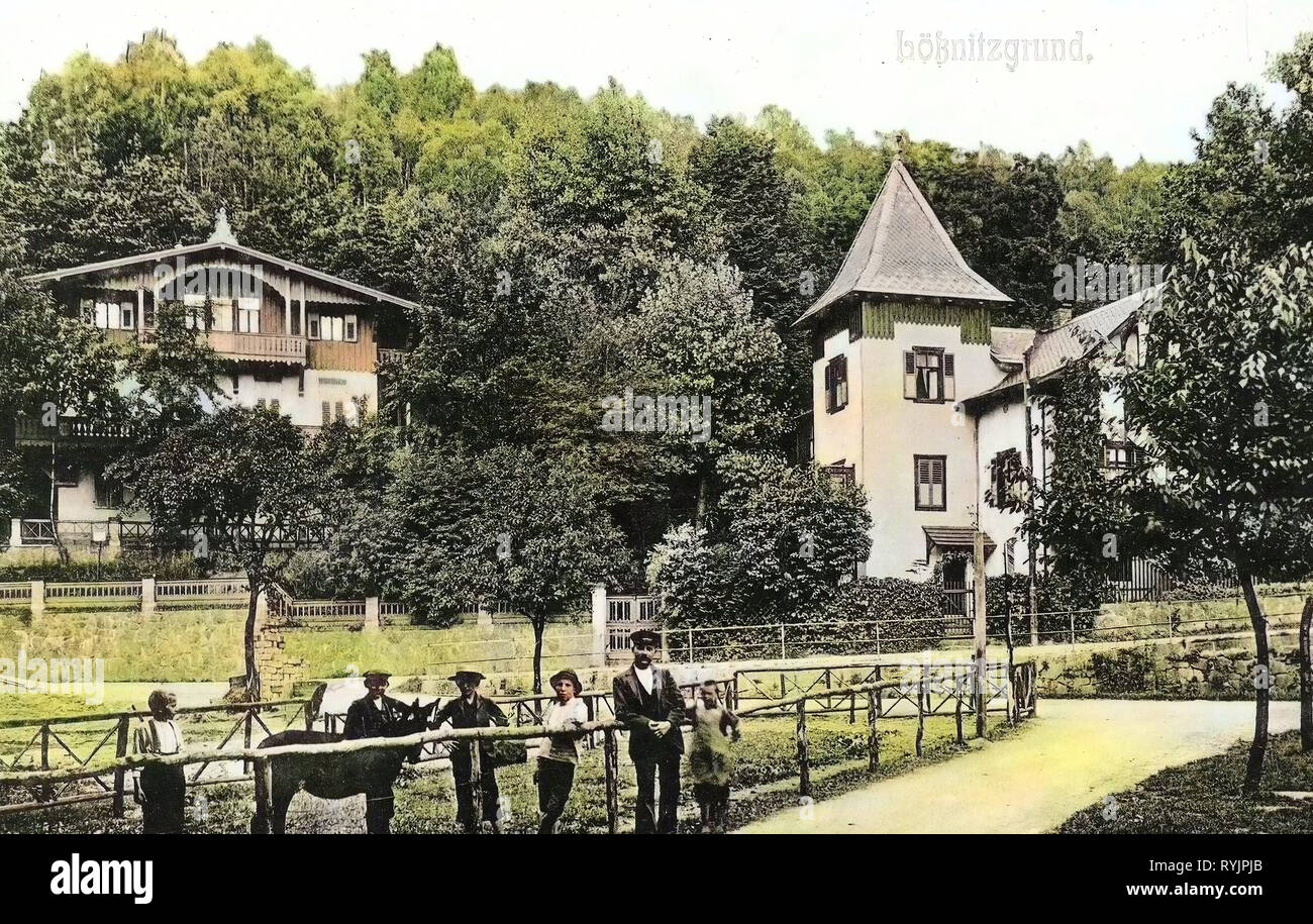 Bilzkurhaus Bilzpension Lößnitzgrund, und Landkreis, des animaux de Meißen, les portraits de groupe avec 6 personnes, 1910, Landkreis Meißen, Radebeul, Allemagne Banque D'Images