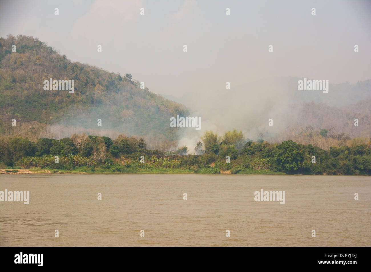 Perdu dans la brume sèche - Burning Season au Laos Banque D'Images