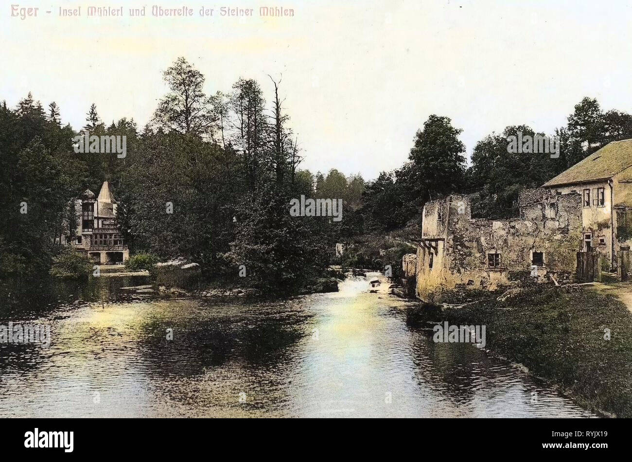 Mlýnek (Cheb), 1911, Région de Karlovy Vary, Eger, Mühlerl Überreste Insel und der Steiner Mühlen, République Tchèque Banque D'Images