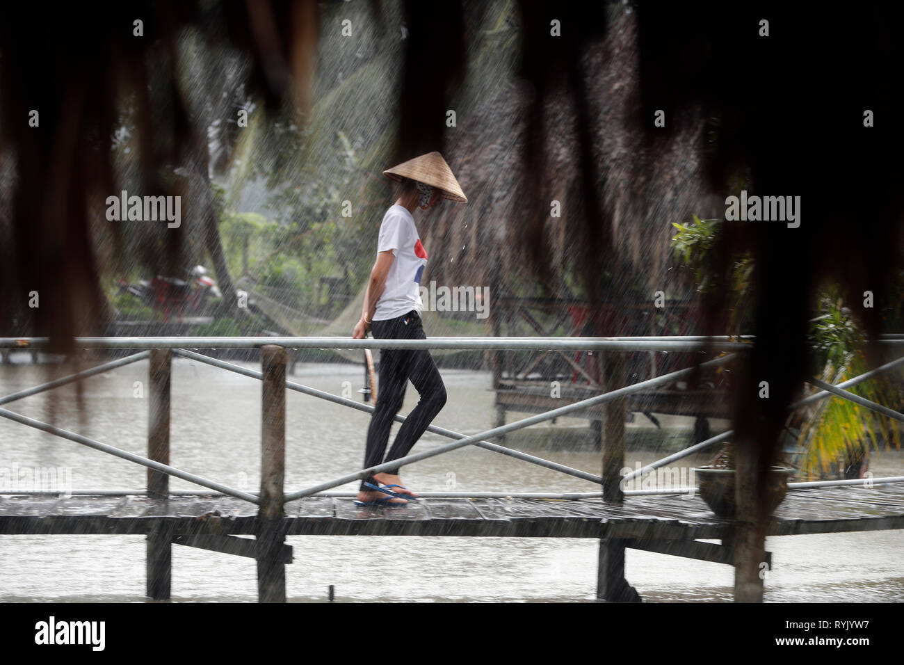 Saison des pluies. Vietnamienne avec chapeau conique sous forte pluie. Can Tho. Le Vietnam. Banque D'Images