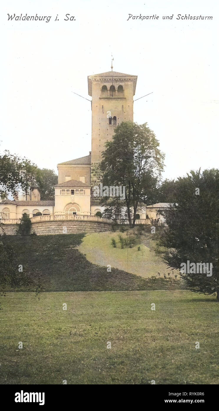 Schloss Laufen (Saxe), 1913 historique, Landkreis Zwickau, Waldenburg, Parkpartie Schloßturm und, Allemagne Banque D'Images