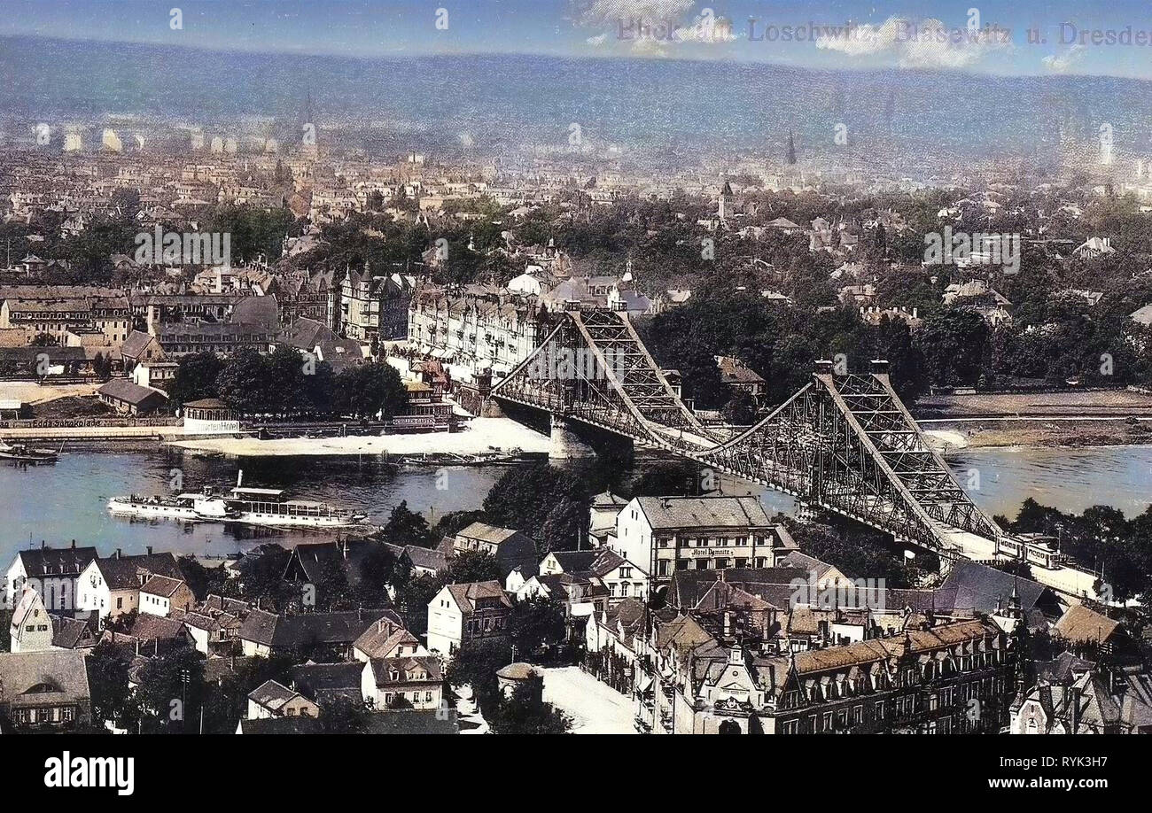 Blue Wonder (vue de haut), vapeur d'Allemagne, Schillergarten, vues depuis le haut de Bergstation Schwebebahn, Dresden, Dresde, 1914 Loschwitz, Loschwitz und Dresden Banque D'Images