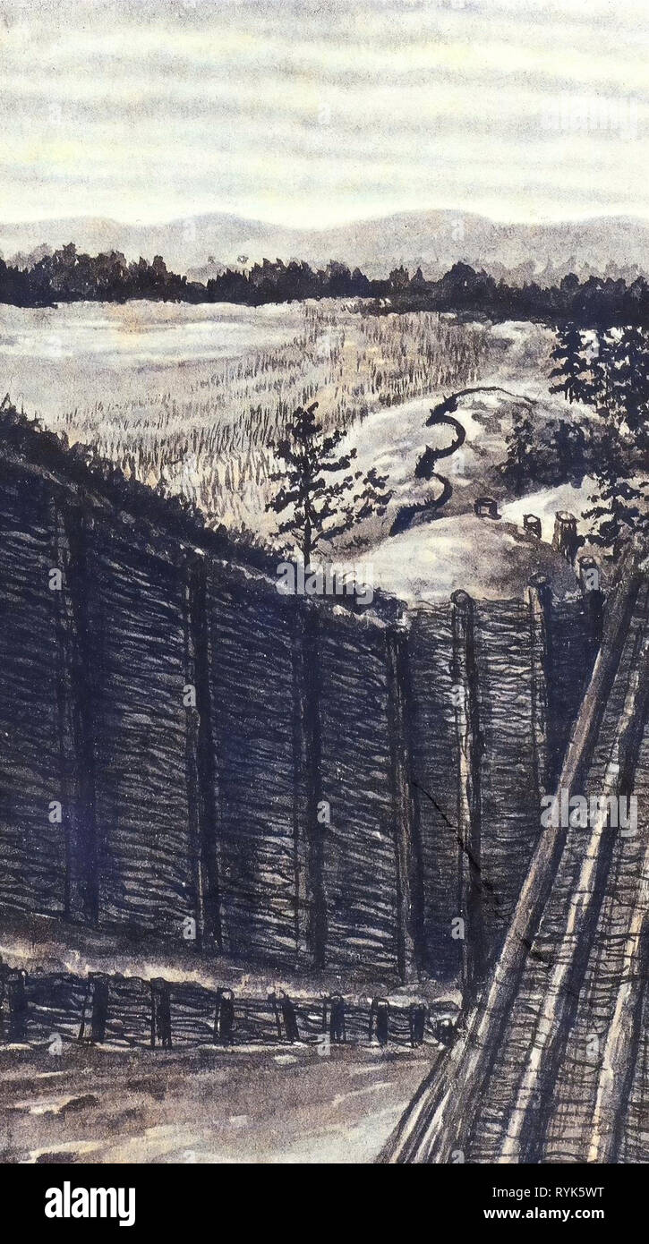 Fortifications de la terre, Slavsk, la Prusse orientale au cours de la Première Guerre mondiale, des cartes postales de la Prusse-orientale, Grenzberg, 1917, Blick vom Grenzberg Banque D'Images