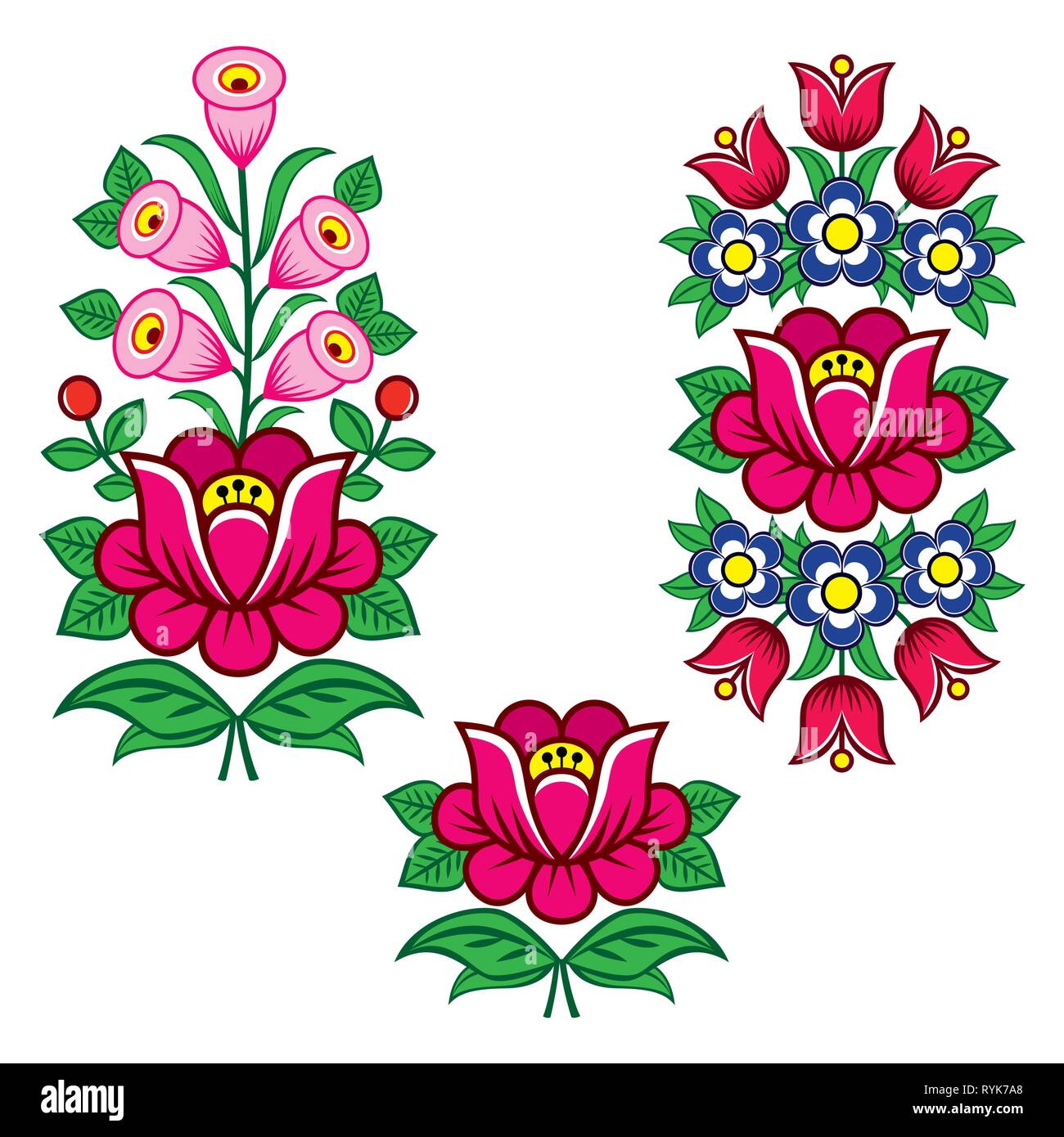 L'art populaire de dessins vectoriels polonais avec des fleurs pour weddding invitation, carte de vœux, Zalipie avec motifs fleurs Illustration de Vecteur