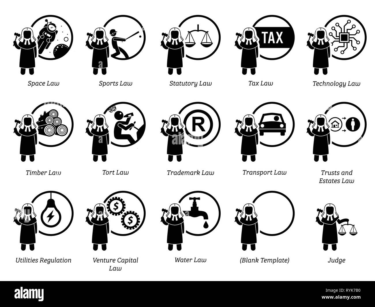 Autre type de lois. Décrire les icônes de champ et domaine de la loi, la justice, les juridictions, les règlements, et le système juridique. Partie 7 de 7. Illustration de Vecteur