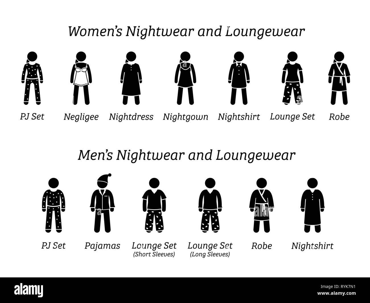 Les hommes et femmes de vêtements de nuit et loungewear fashion designs. Stick figures illustrent différents types de vêtements de nuit, pyjamas, et les vêtements qui s'usent à la maison ou h Illustration de Vecteur