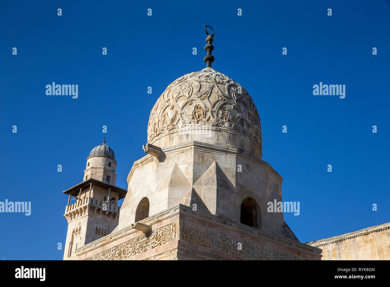 Les minarets sur le Haram esh-Sharif (composé d'Al Aqsa, mont du Temple), Jérusalem, Israël. Banque D'Images