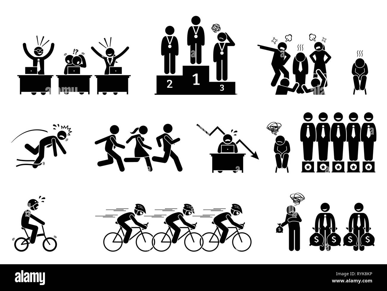 Sans succès et l'échec d'affaires. Les pictogrammes représentent un perdant et personne à la traîne. Il est moche, lent, et effectuer le travail et mal dans toutes les compet Illustration de Vecteur