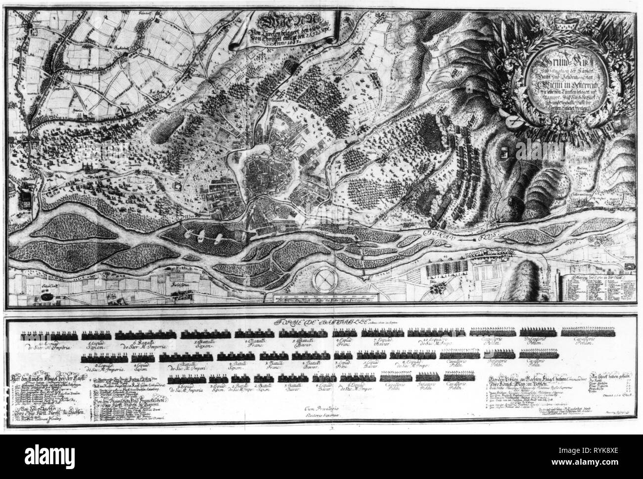 Grande Guerre 1683 - 1699, le siège de Vienne, 14.7. - 12.9.1683, l'emplacement des fortifications, le camp des Turcs et l'ordre de bataille des forces de la coalition germano-polonaise contemporaine, gravure sur cuivre par Daniel Suttinger, guerres ottomanes, bataille de Vienne, de l'armée de secours, l'armée de secours, la Pologne, l'allemand, les Allemands, Polonais, la Bavière, les forces impériales, Saxe, souabe, Franconie, Souabes, l'armée impériale, les forces de la coalition, l'armée, des armées, de la guerre, les guerres, le Saint Empire Romain, Empire Ottoman, Ottomans, 17e siècle, siège, les sièges, l'emplacement, l'emplacement, l'enrichissement, Additional-Rights Clearance-Info-f,-Not-Available Banque D'Images