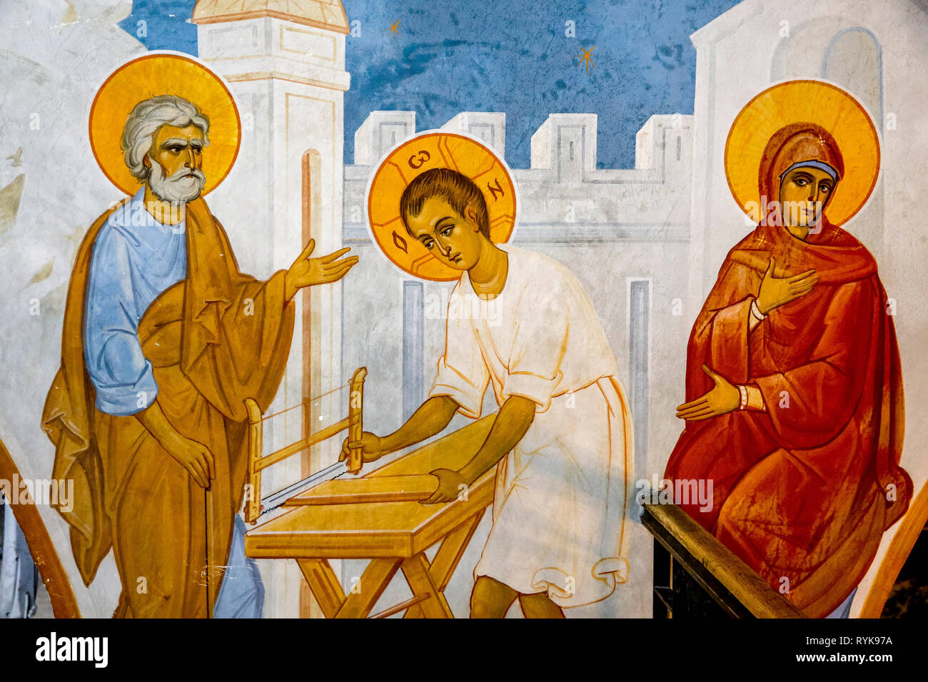 Fresque de l'église grecque orthodoxe de l'Annonciation, à Nazareth, Israël. Jésus à St Joseph's atelier de menuiserie. Banque D'Images