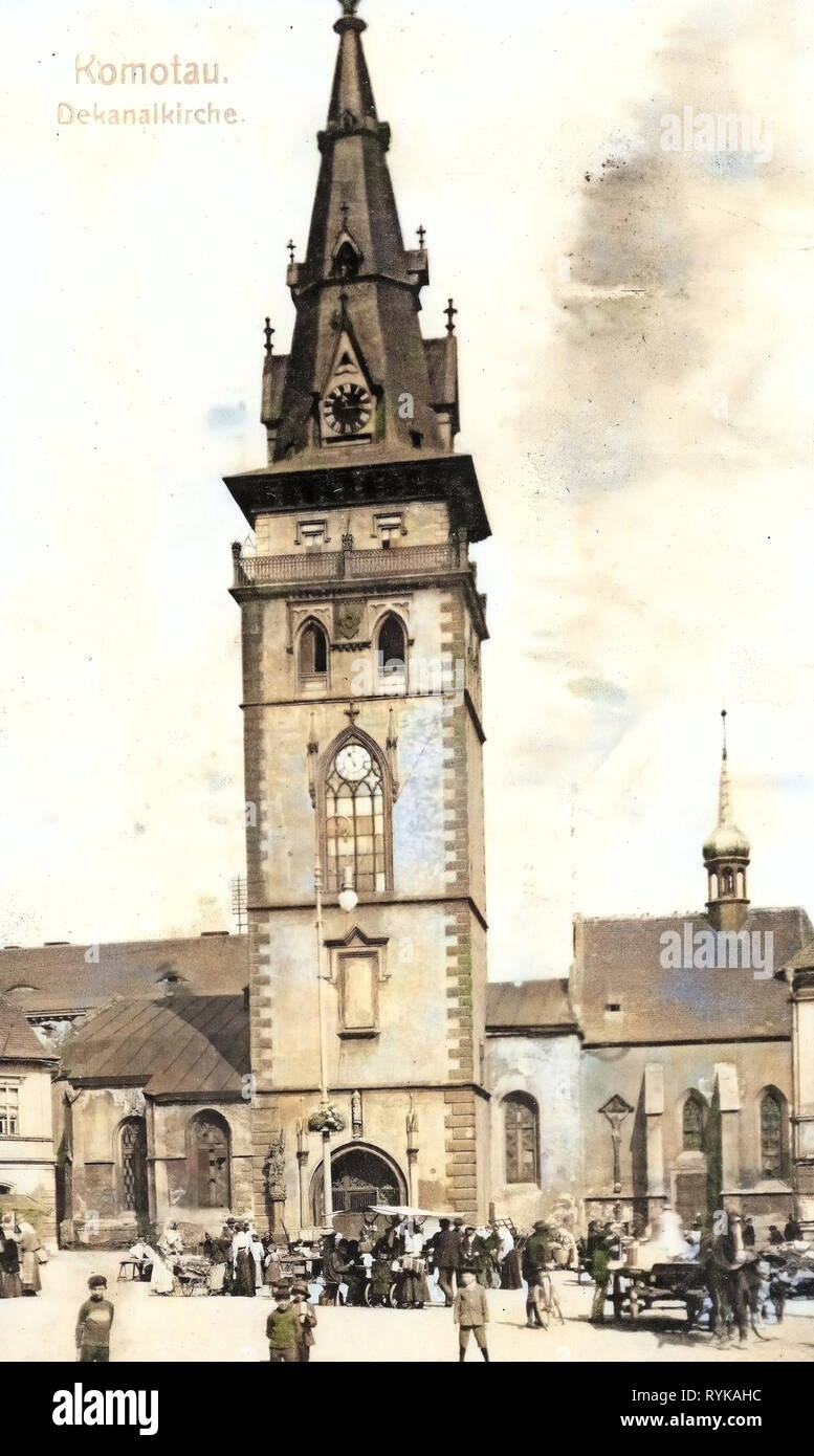 Dans les bâtiments, les marchés de Chomutov en République tchèque, les églises à Chomutov, 1912, d'Ústí nad Labem, Komotau, Markt und Dekanalkirche Banque D'Images