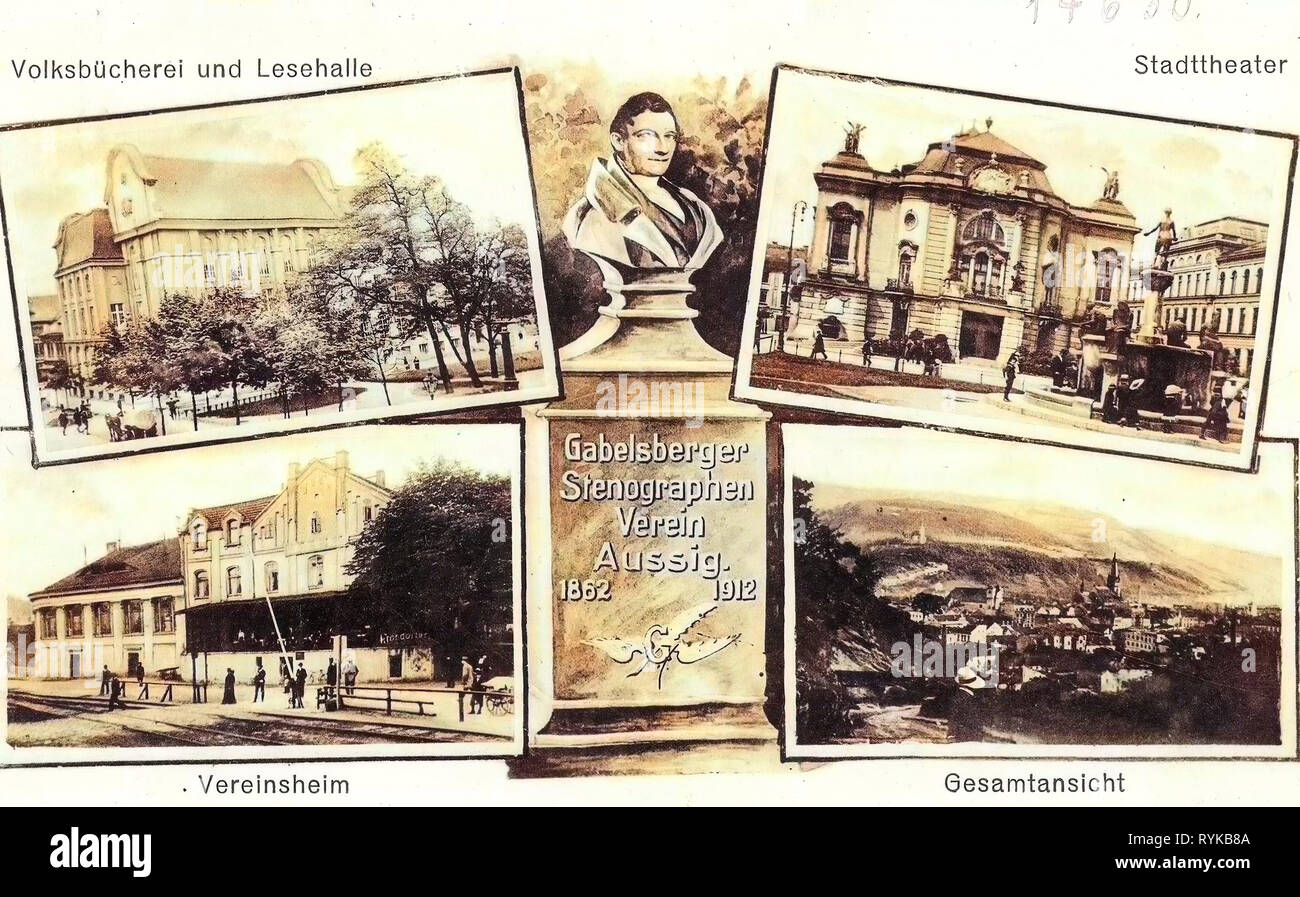Franz Xaver Gabelsberger, Multi-vues de cartes postales, dans les bibliothèques d'Ústí nad Labem, bâtiments à Ústí nad Labem, Théâtre à Ústí nad Labem, 1912, Ústí nad Labem, passages à niveau à Ústí nad Labem, bustes dans Ústí nad Orlicí District, Aussig, verschiedene Stadtansichten, République Tchèque Banque D'Images