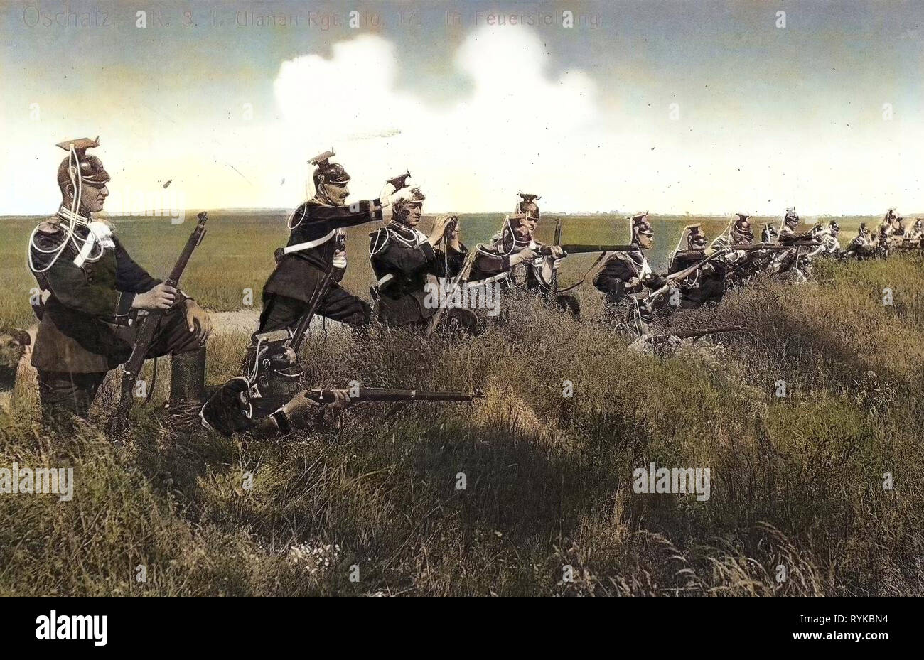 L'utilisation d'armes, de chiens de travail militaire de l'Allemagne, 1912, Landkreis Nordsachsen, Oschatz, 1. Königlich Saxon, Ulanen Regiment Nr. 17, dans Feuerstellung Banque D'Images