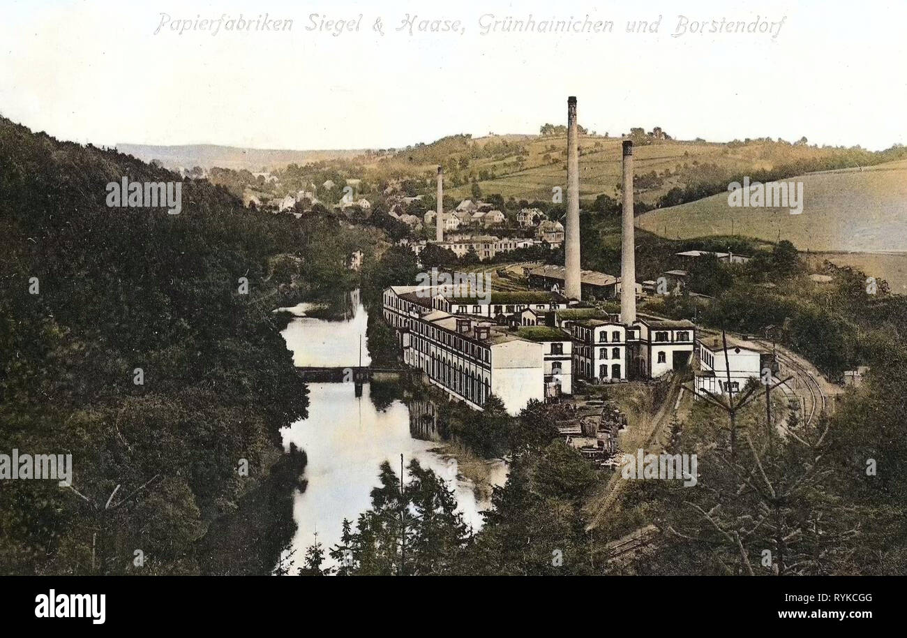 Usines de pâte et papier en Saxe, Flöha (rivière), 1915, Erzgebirgskreis, Grünhainichen, Papierfabriken Siegel & Haase, Allemagne Banque D'Images