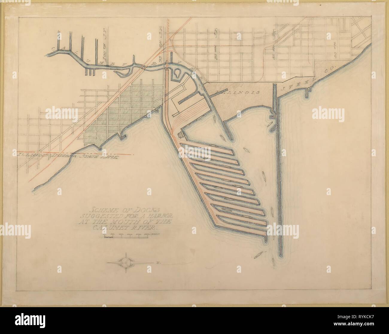 72 Plaque du Plan de Chicago, 1909 : Chicago. Schéma de Docks croquis a suggéré à l'embouchure de la rivière Calumet pour des marchandises en vrac à vapeur ; l'accès à l'Être avait sans ouverture de ponts. Hudson Daniel Burnham, American, 1846-1912 ; Edward Herbert Bennett, Américain, né en Angleterre, en 1874-1954. Date : 1909. Dimensions : 88 x 104,8 cm (34 3/4 x 41 1/4 in.). Graphite et crayon de couleur sur papier. Origine : Chicago. Musée : le Chicago Art Institute, Chicago, USA. Banque D'Images