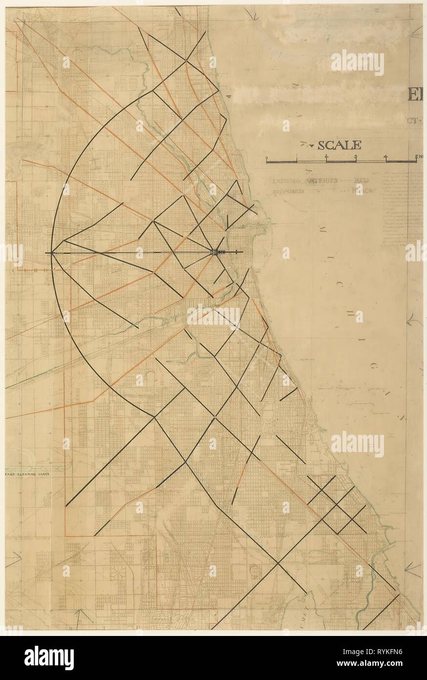 91 Plaque du Plan de Chicago, Chicago, artères diagonales proposées. Daniel Burnham Hudson (Américain, 1846-1912) ; Edward Herbert Bennett (Américain, né en Angleterre, 1874-1954). Date : 1909. Dimensions : 107,3 × 72,7 cm (42 1/4 x 28 5/8 in.). Le noir et l'encre de couleur, graphite et crayon de couleur sur une carte imprimée. Origine : Chicago. Musée : le Chicago Art Institute, Chicago, USA. Banque D'Images