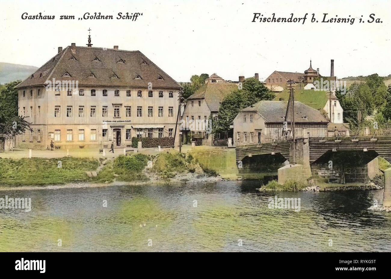 Auberges dans Landkreis Mittelsachsen, Fischendorf (Leisnig), 1915, Landkreis Mittelsachsen, Fischendorf, Gasthaus Zum goldnen Schiff, Allemagne Banque D'Images