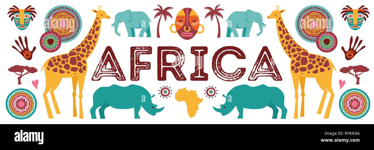 Bannière de l'Afrique, vector illustration de Safari, les animaux, les symboles tribaux Illustration de Vecteur