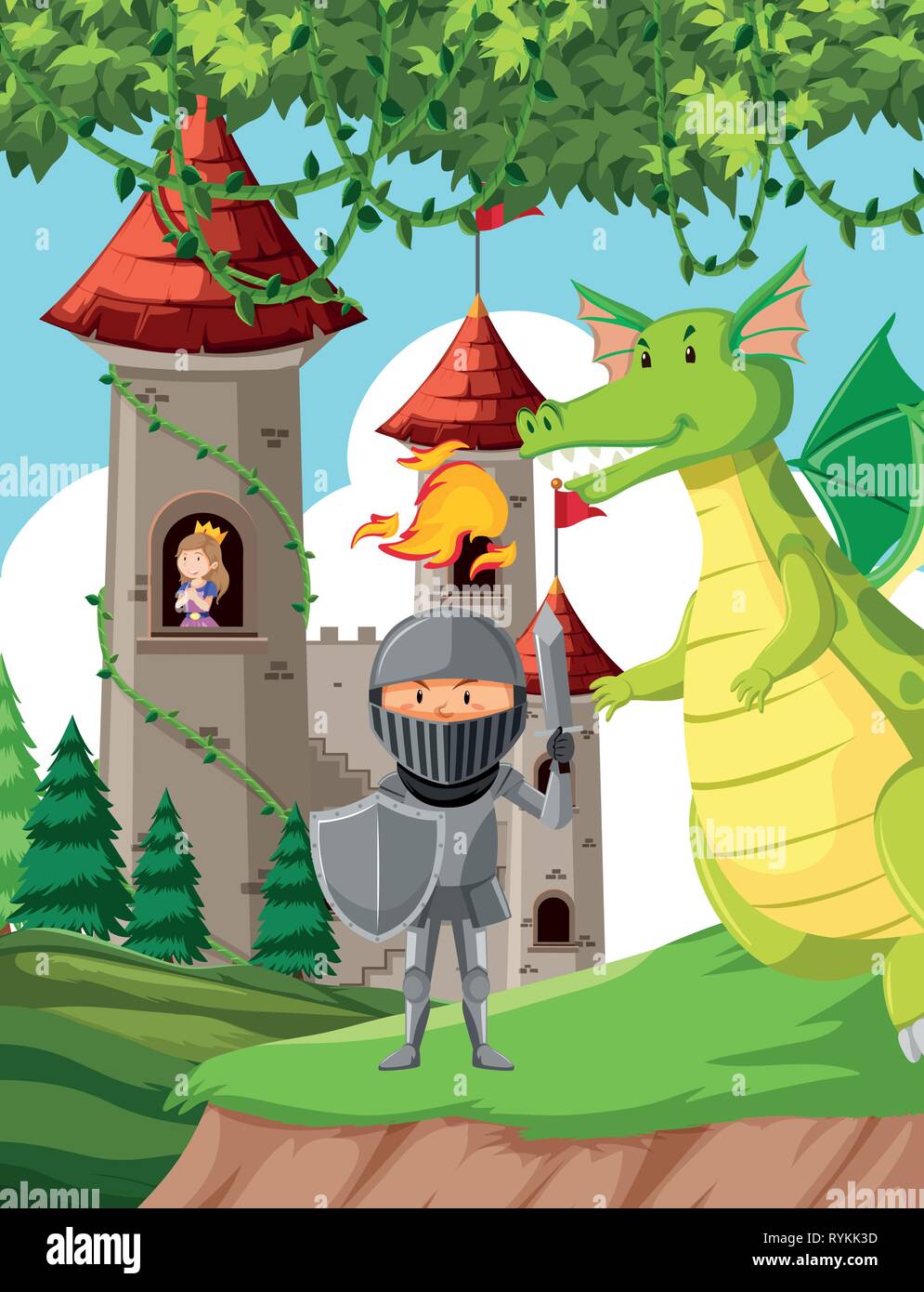 Château avec la princesse, chevalier et dragon illustration Illustration de Vecteur