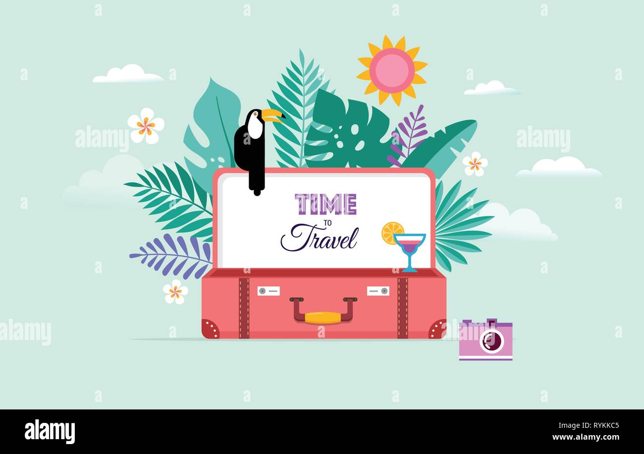 Voyages et tourisme concept design avec valise ouverte. Vector illustration Illustration de Vecteur