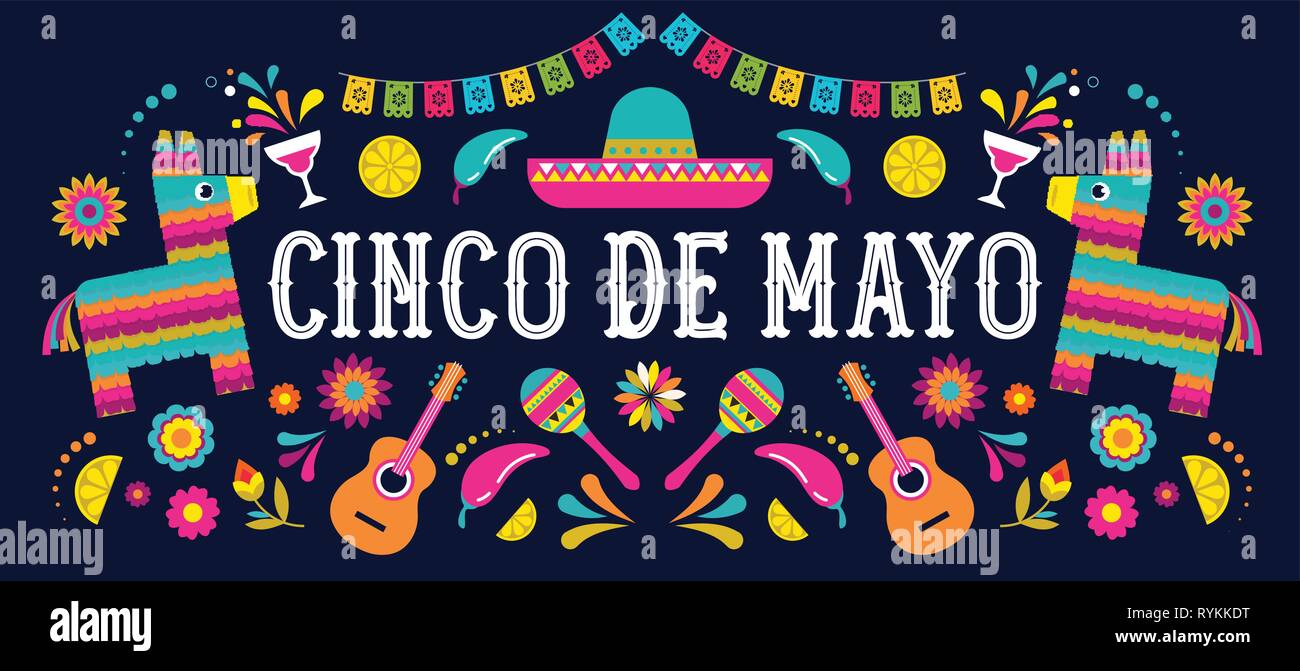 Le Cinco de Mayo - 5 mai, les vacances au Mexique. La conception d'affiches et bannières fiesta avec drapeaux, fleurs, décorations Illustration de Vecteur