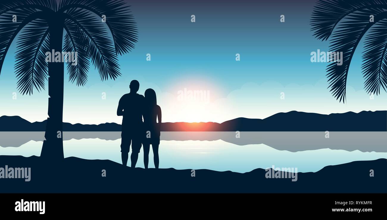 Couple apprécier le coucher du soleil sur une magnifique plage palm vector illustration EPS10 Illustration de Vecteur