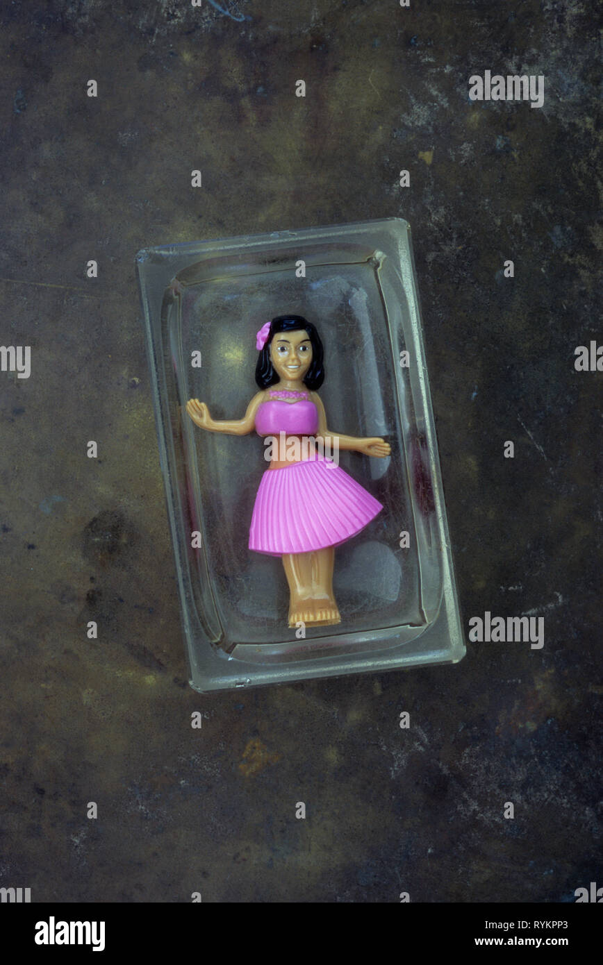 Modèle en plastique de fille en jupe rose et page faire danse huila couché dans un plat en verre Banque D'Images