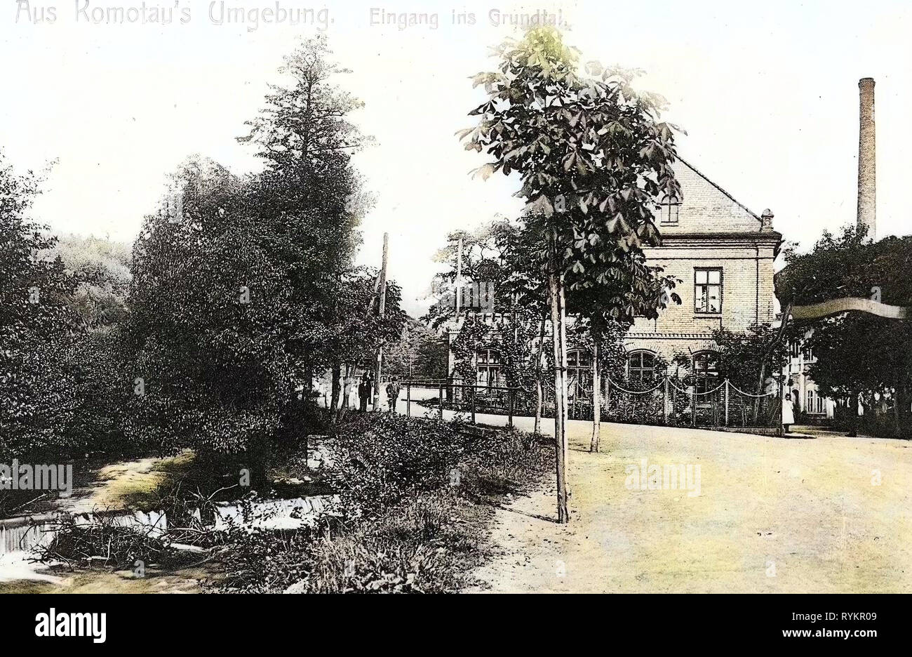 Bâtiments de Chomutov, 1913, d'Ústí nad Labem, Chomutovka, Komotau, gastronomie, Eingang ins Grundtal, République Tchèque Banque D'Images