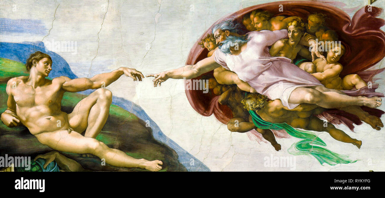 La création d'Adam, Michel-Ange Buonarroti, fresque, vers 1511 Banque D'Images