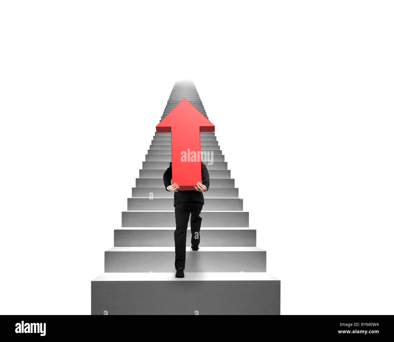 Businessman carrying grande flèche rouge 3D signe et grimper sur les escaliers en béton avec fond blanc Banque D'Images