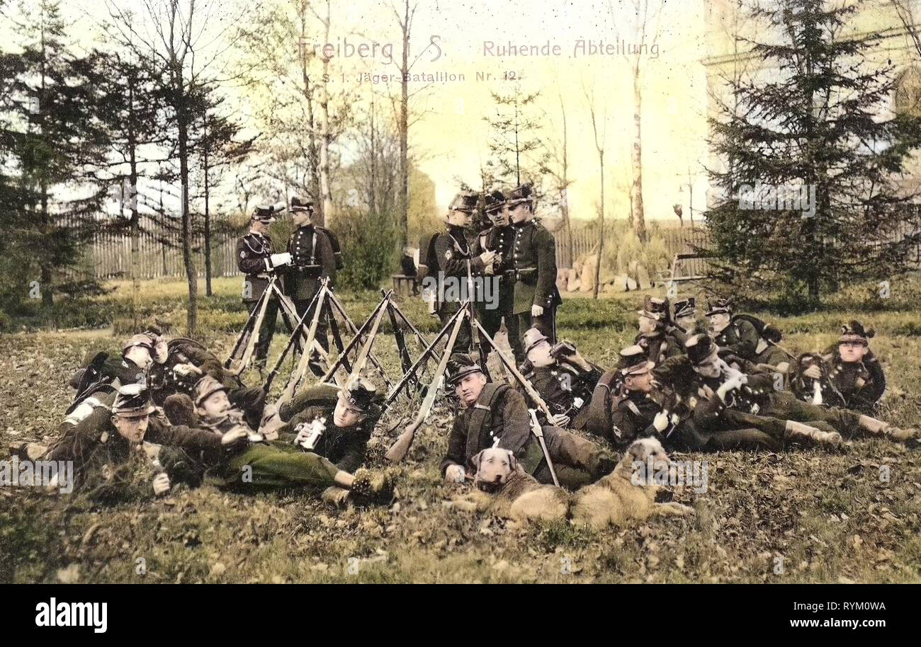 Les installations militaires de l'Allemagne, l'armée des chiens de travail de l'Allemagne, 1. Königlich Saxon Jäger-Bataillon Nr. 12, 1906, Landkreis Mittelsachsen, Freiberg, Ruhende Abteilung Banque D'Images
