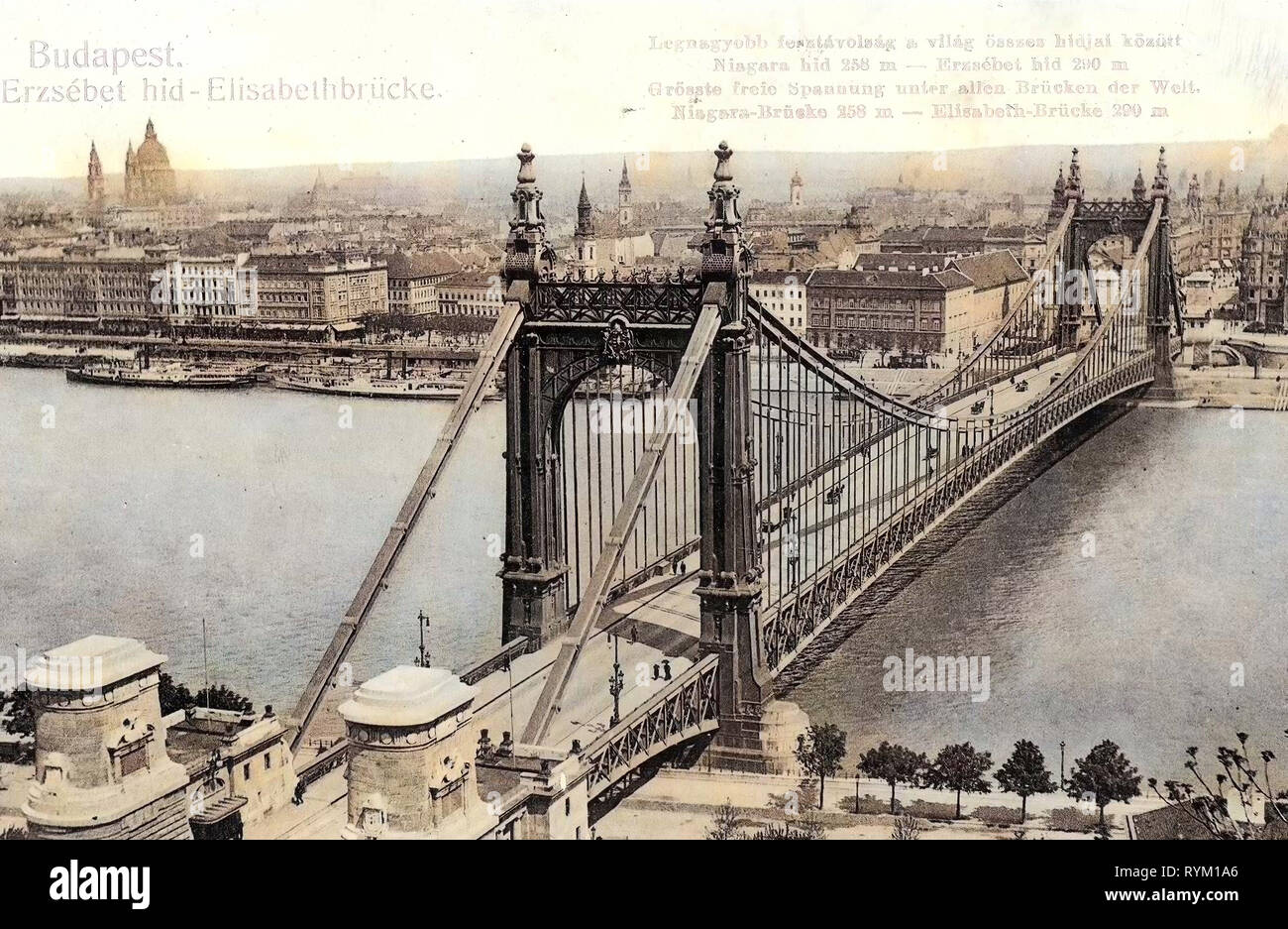 Texte allemand, images historiques du pont Elisabeth, Budapest, 1906, Elisabethbrücke, Hongrie Banque D'Images