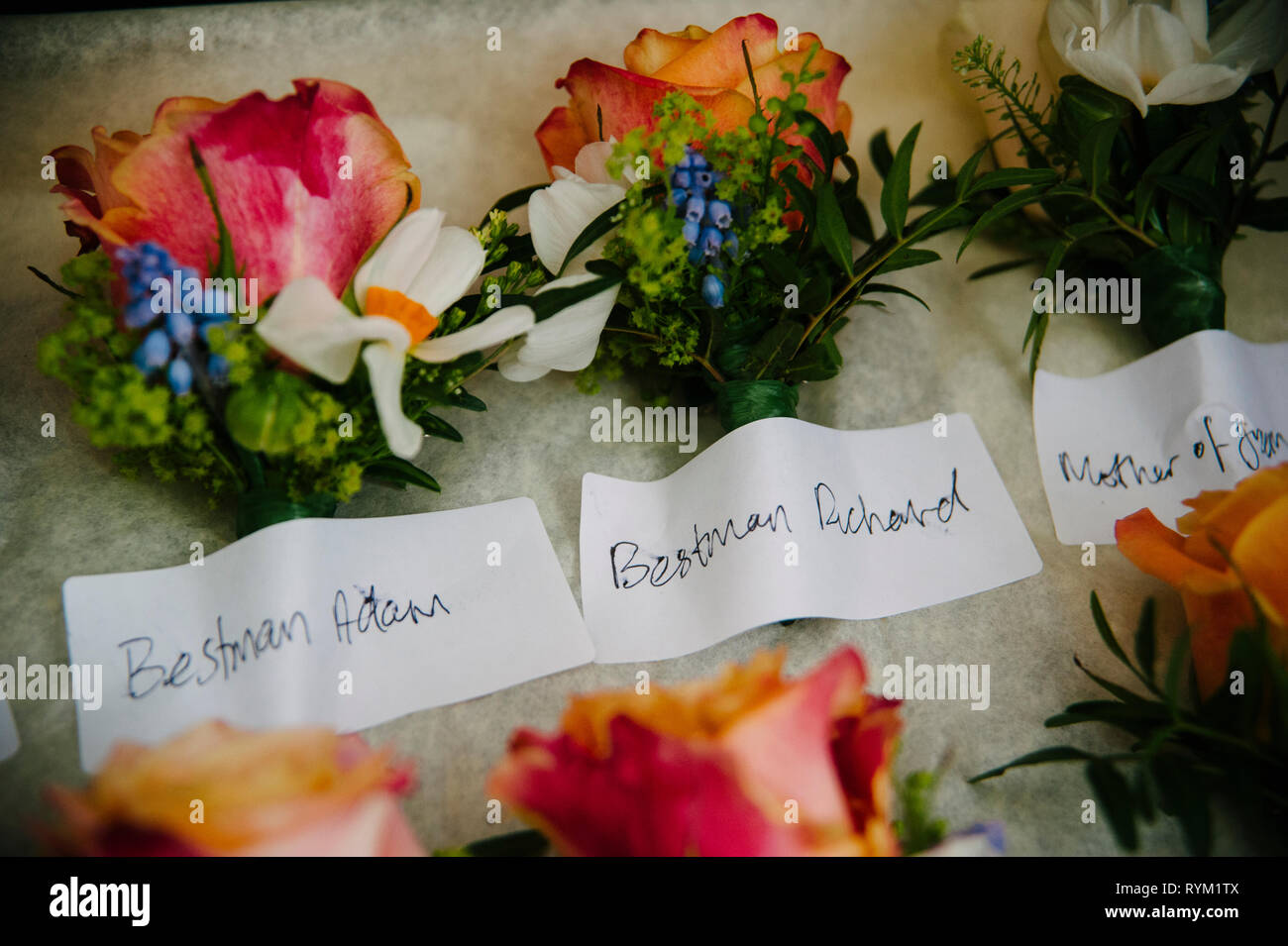 Men's wedding fleurs de boutonnière, colorées et fleurs rustiques. Idées de fleurs de boutonnière Banque D'Images