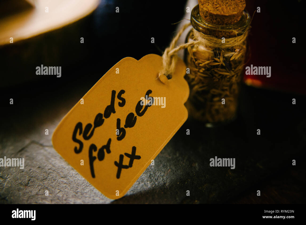 Petit pot de verre avec des graines dans un style vintage et tag avec des graines pour les abeilles écrit dessus Banque D'Images