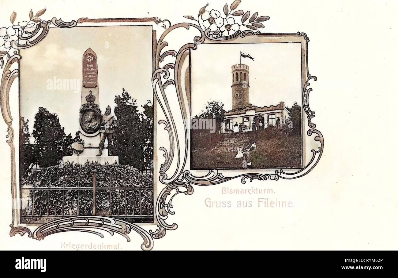 Cartes postales Multiview, tours Bismarck en Pologne, l'histoire de Wieleń, 1903, la Grande Pologne, Voïvodie Filehne, Kassel, Kriegerdenkmal Banque D'Images