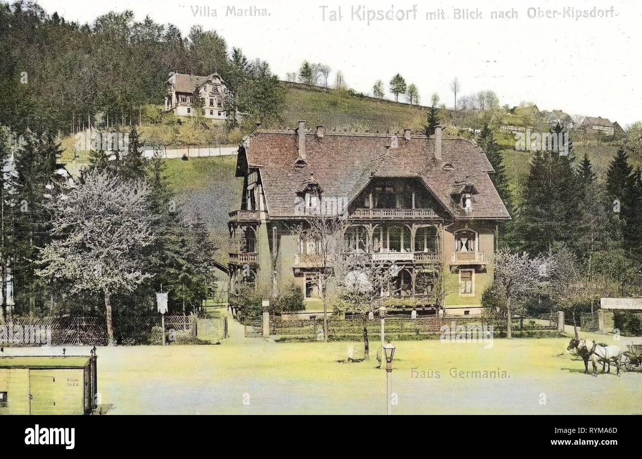 Villas en Saxe, le transport ferroviaire en Saxe, chevaux de Landkreis Sächsische Schweiz-Osterzgebirge, 1905, Landkreis Sächsische Schweiz-Osterzgebirge, Kipsdorf, Haus Germania, la Villa Martha, Allemagne Banque D'Images