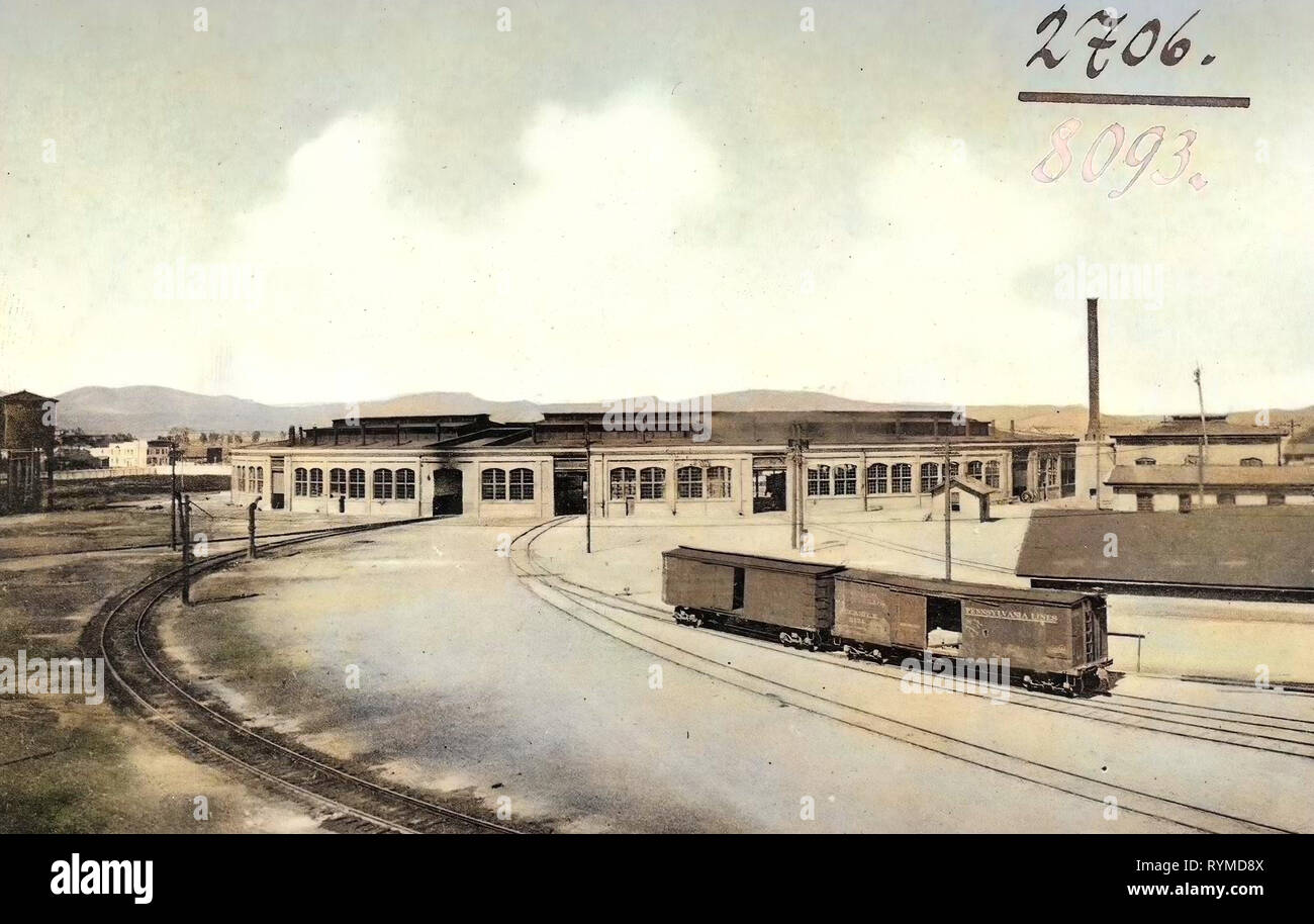 Transport ferroviaire dans le Nevada, aux États-Unis, des châteaux d'eau dans le Nevada, étincelles, Nevada, 1906, Nevada, maison ronde et magasins Banque D'Images